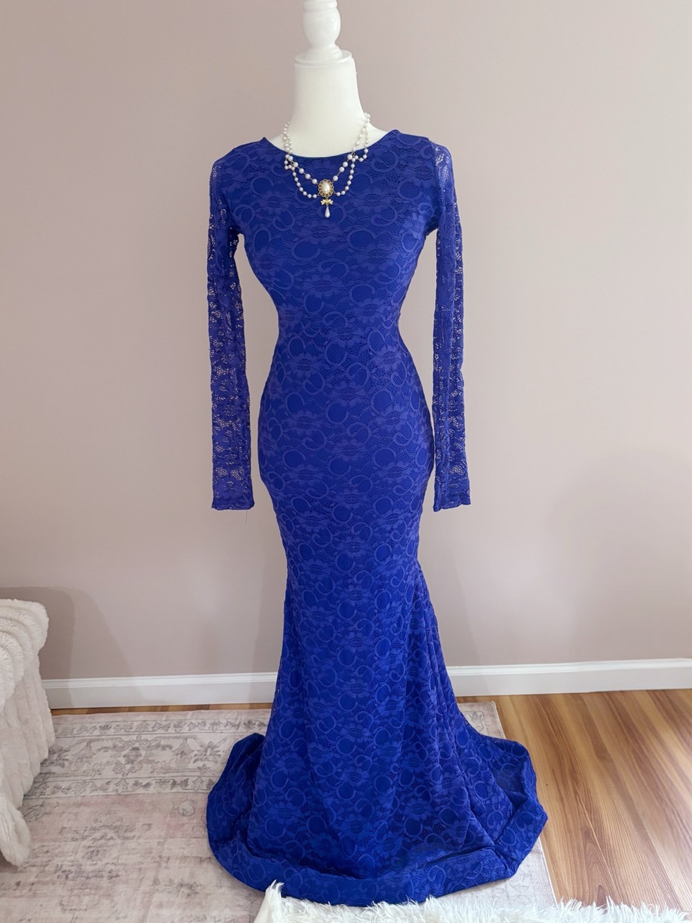 Windsor Cobalt Blue Long Sleeve Lace Gown
